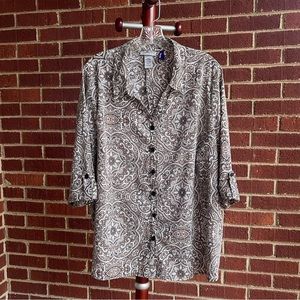 Catherine’s Short Sleeve Button Blouse White Gold Black Design Size 1XWP Petite